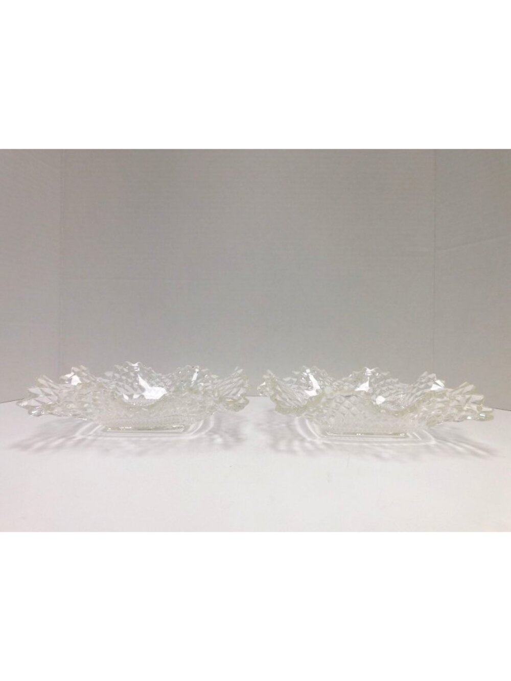Vtg Set Of Indiana Glass Co. Square Ruffled Diamond Point Candy Dish DW829
